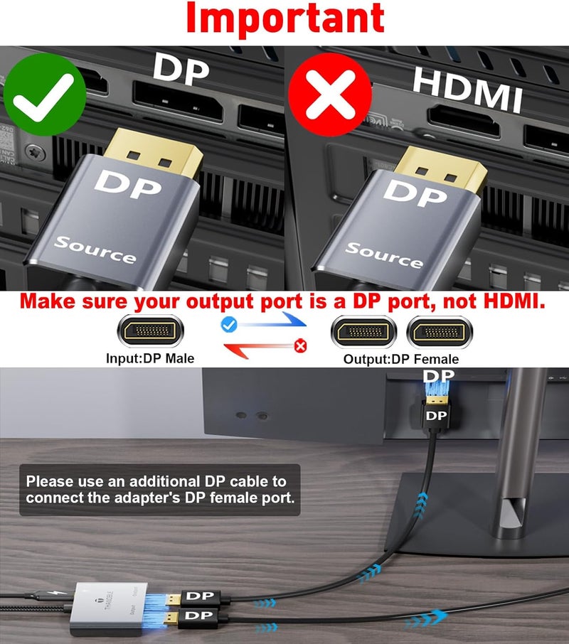 THANDBLE DisplayPort to Dual DisplayPort Splitter Adapter (4K@60Hz) Display Port 1 in 2 Out Splitter for Dual Monitor Extended Display, MST DP to 2 DP Adapter for PC, Graphics Card - Image 2